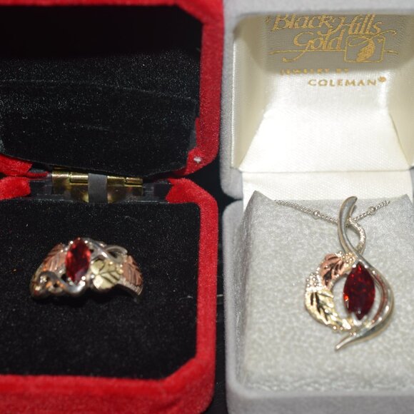 2 Sterling Garnet 12k. Black Hills Gold Necklace Ring Set January Birth Stone - Picture 1 of 14